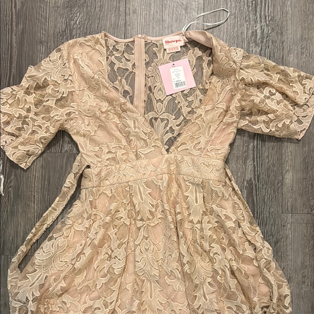 Showpo Lace Dress in Beige and Cream